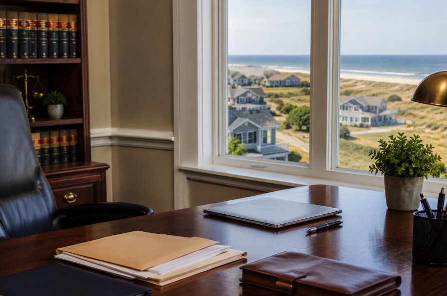 A New Jersey coastal law office desk with deed transfer documents and a mortgage file